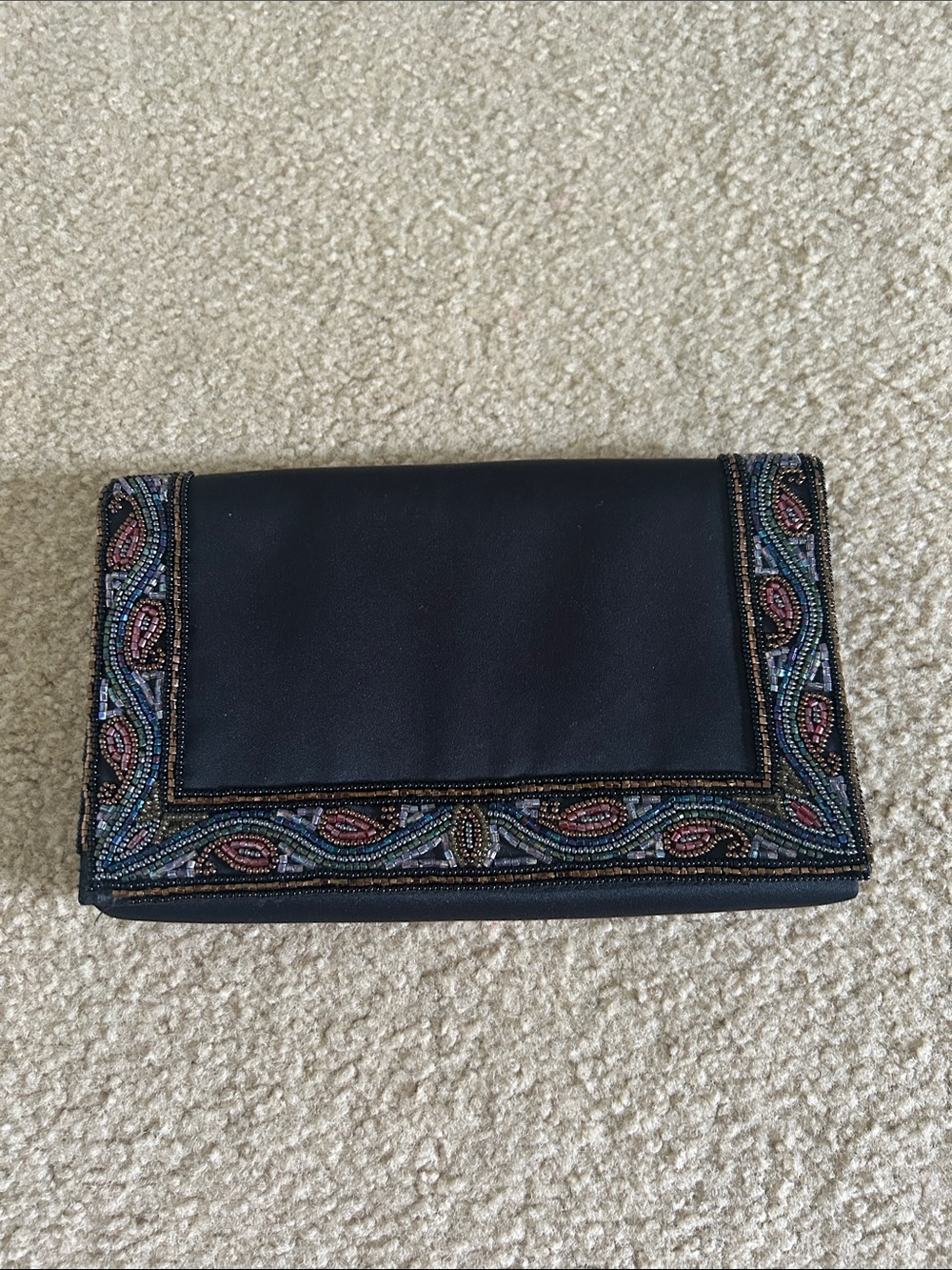 Warburg  Vintage Beaded Black Fold-Over Clutch/Shoulder Bag